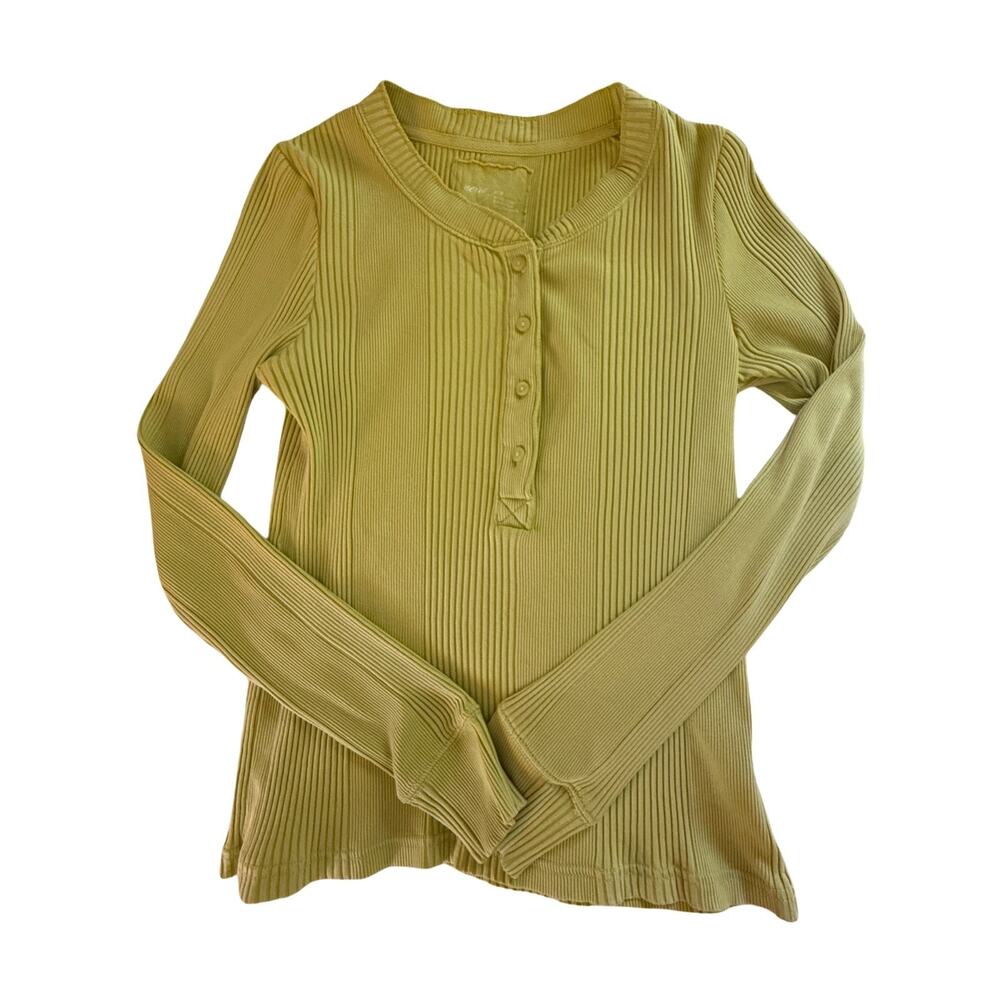 Aerie Top Womens Size M Ribbed Henley Long Sleeve Green Y2K Casual Comfort
